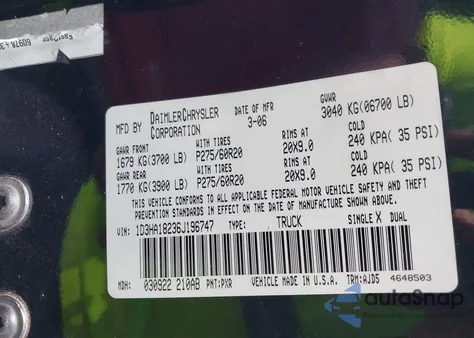 2006 Dodge Ram 1500 Slt z USA, uszkodzony, nr VIN 1D3HA18236J196747